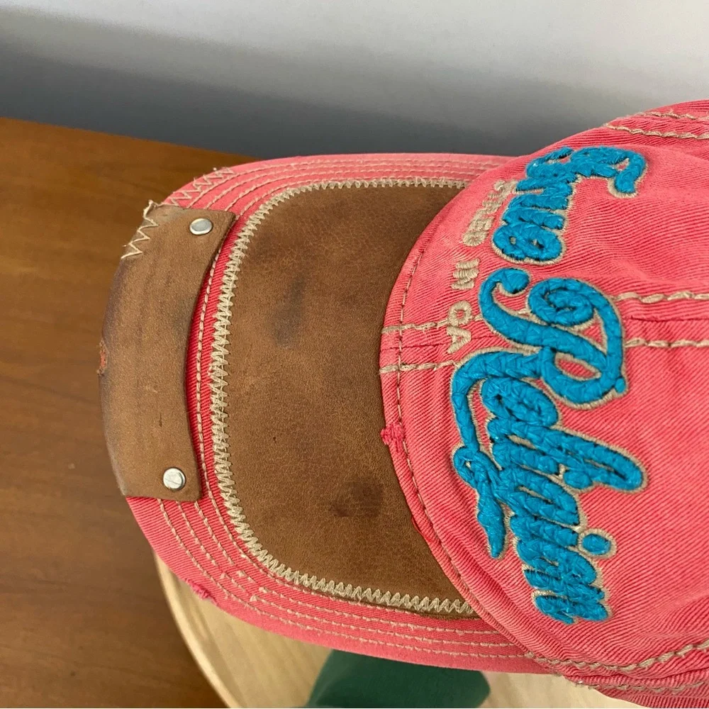 True Religion VTG The Buddha Red and Leather Distressed Hat Y2K Red Blue RARE‎